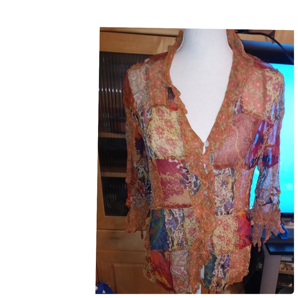 Chico's Design Whimsy Goth Silk Patchwork Button … - image 8